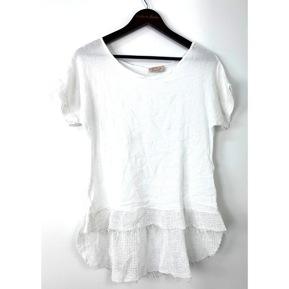Sofia Made In Italy Women Linen Blend Tunic Top Asymmetrical Gauzy White Sz M